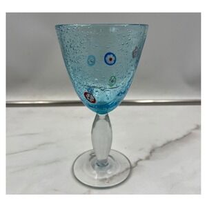 Artland Glass Goblet Handblown Blue Seeded Millefiori Floral Murano Style